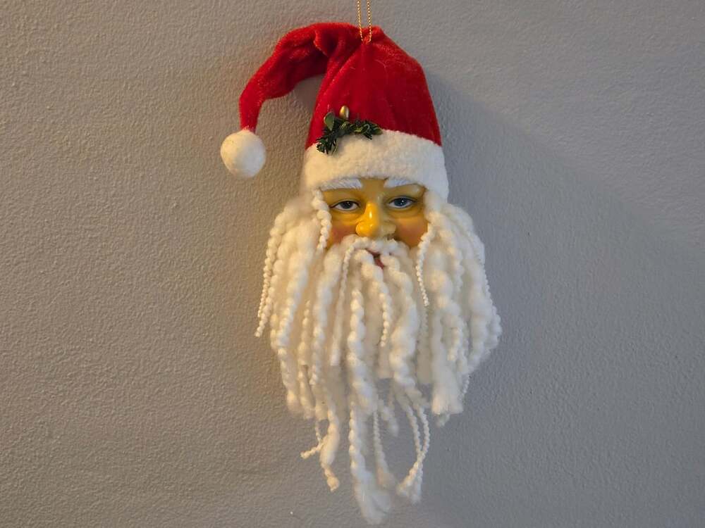 Vintage Handmade Santa Head Christmas Ornament Plastic Face Yarn Beard